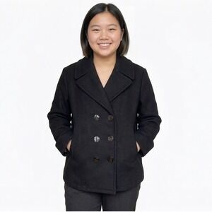 US Navy Military Issue Black Wool Double Breasted Pea Coat Anchor Buttons 14S